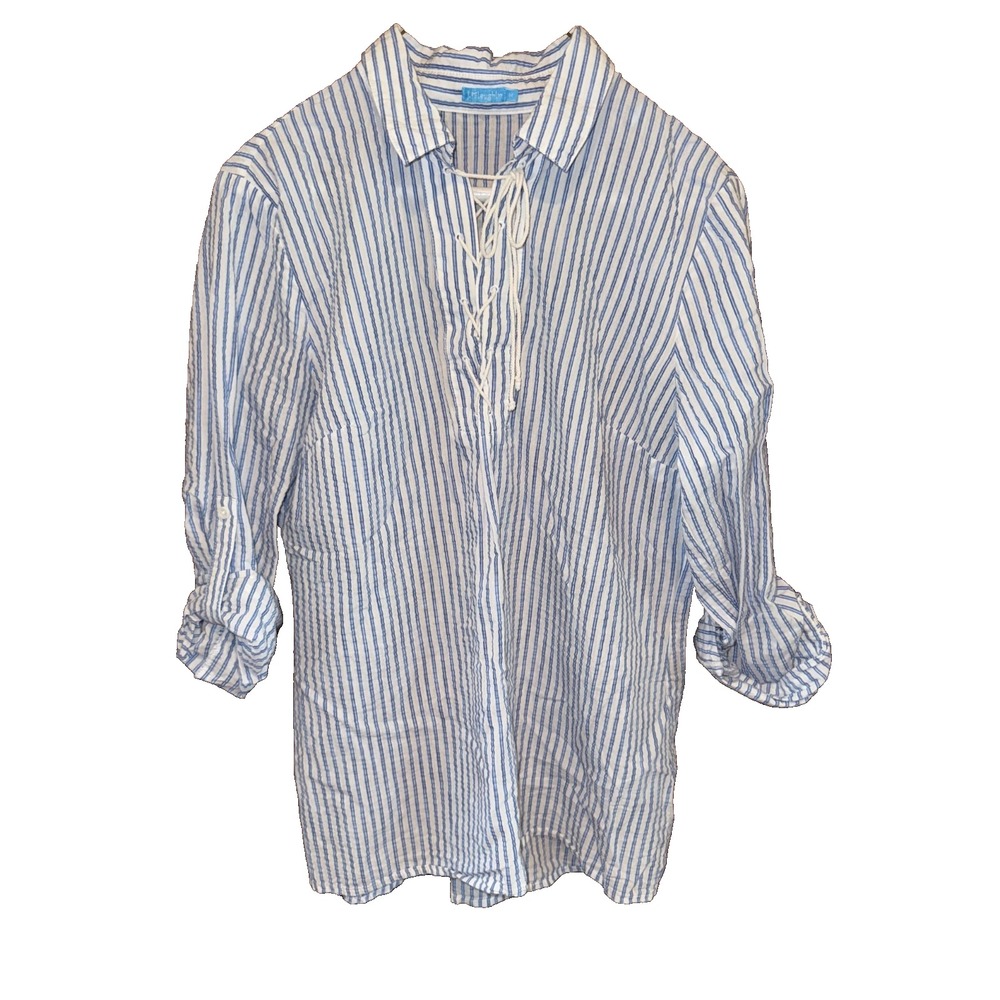 J McLaughlin Striped Button Tunic Shirt M Coastal Grandma Hamptons Chic Blouse